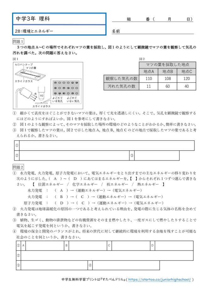 中3理科「環境とエネルギー」学習プリント無料ダウンロード・印刷